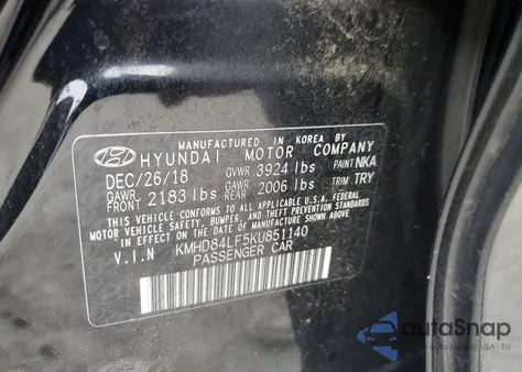 2019 Hyundai Elantra z USA, uszkodzony, nr VIN KMHD84LF5KU851140